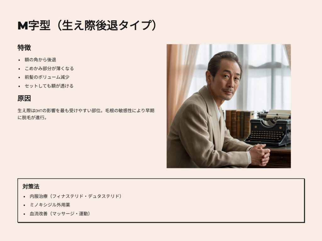 M字型ハゲ
生え際後退タイプ
特徴
額の角から後退　（角額）
こめかみ部分が薄くなる
前髪のボリューム減少
セットしても額が透ける
M字型ハゲの原因
生え際はDHTの影響を最も受けやすい部位
毛根の敏感性により早期に脱毛が進行
M字型ハゲの対策法
内服治療　フィナステリド、デュタステリド
ミノキシジル外用薬
血流改善マッサージ　運動
