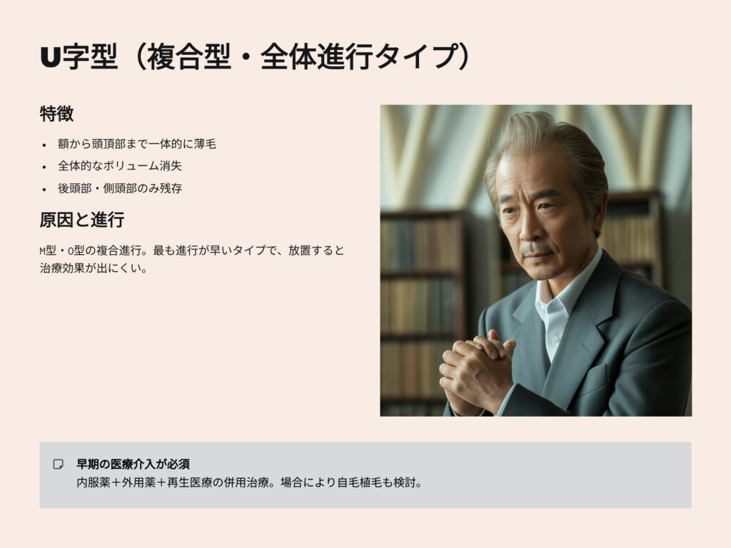 U字型ハゲ（複合型、全体進行タイプ）
特徴
額から頭頂部まで一体的に薄毛
全体的な髪のボリューム消失
後頭部、側頭部のみ残存
U字型ハゲの原因と進行
M型、O型の複合進行
最も進行が早いタイプで、放置すると治療効果が出にくい。
早期の医療介入が必要
内服薬、外用薬、再生医療の併用療法
場合により自毛植毛も検討