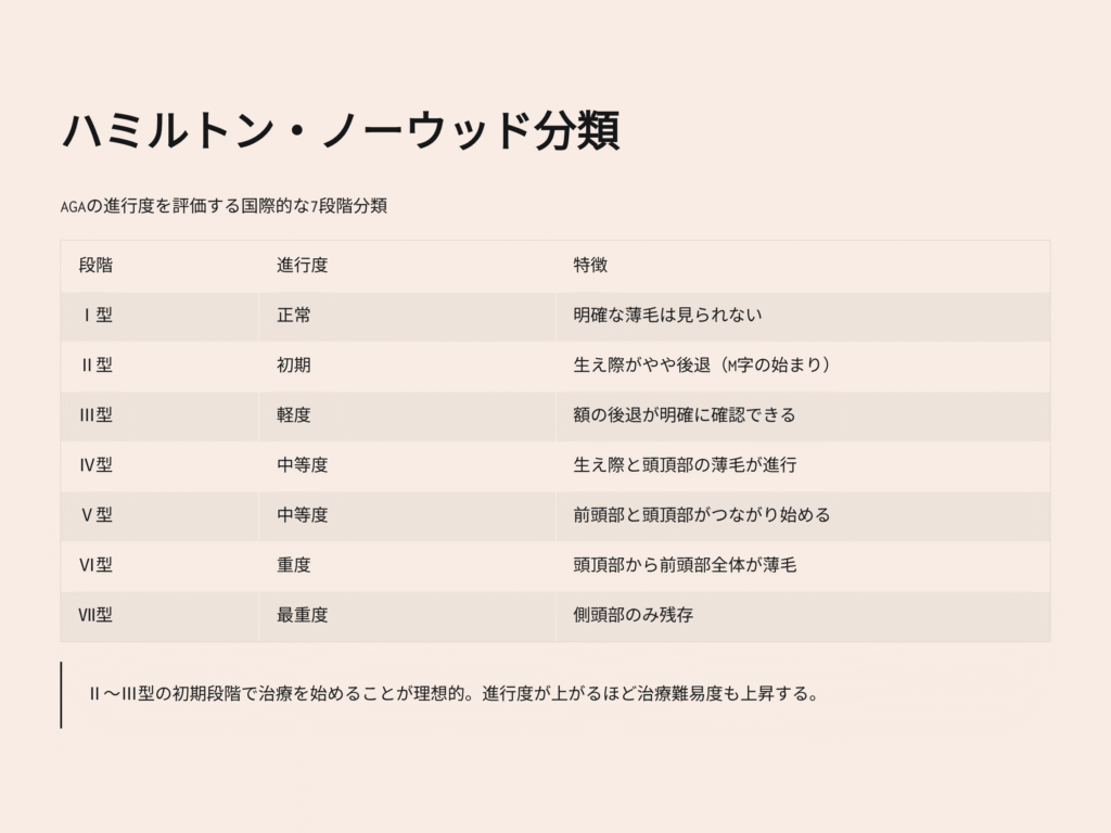 AGAの進行度を評価する「ハミルトン・ノーウッド分類」
AGAの進行度を評価する国際的な7段階分類
