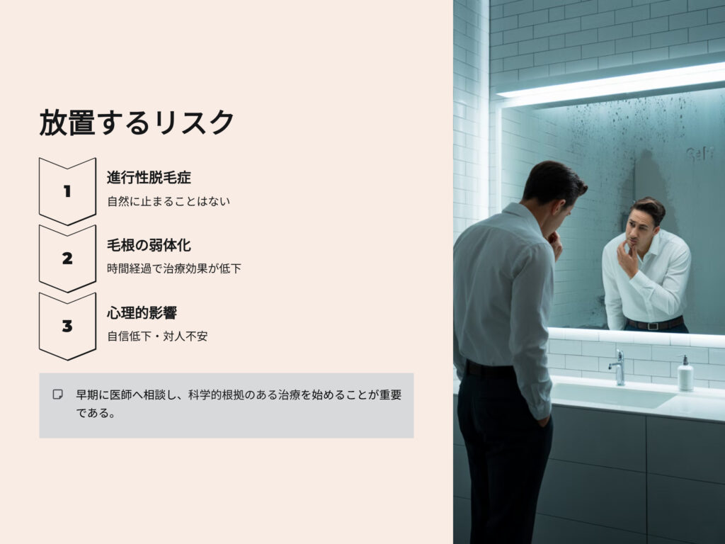 AGAの進行を放置するとどうなるか
放置するリスク
進行性脱毛症
自然に止まることは無い
毛根の弱体化
時間経過で治療効果が低下
心理的影響
自信低下、対人不安
早期に医師へ相談し、科学的根拠のある治療を始めることが重要