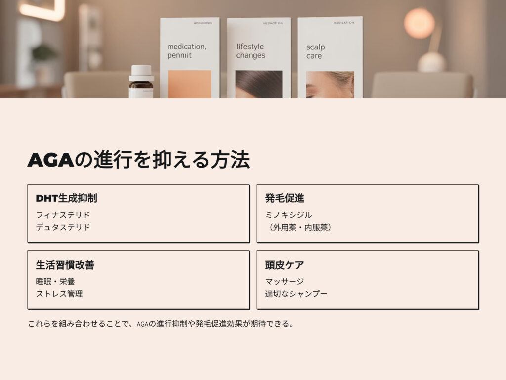 AGAの進行を抑える方法
DHT生成抑制
フィナステリドやデュタステリド
発毛促進
ミノキシジル（内服、外用）
生活習慣改善
睡眠、栄養バランス、ストレス管理
頭皮ケア
マッサージ
適切なシャンプー
これらを組み合わせることで、AGAの進行抑制や発毛促進効果が期待できる