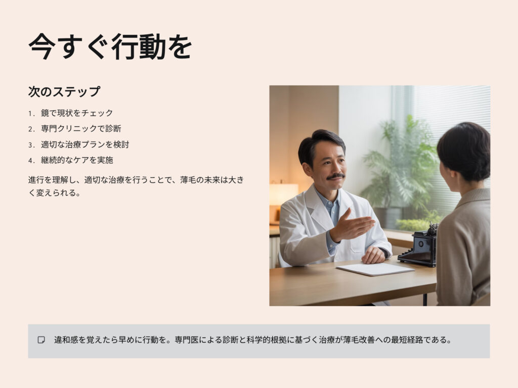 次のステップ
鏡で現状をチェック
専門クリニックで診断
適切な治療プランを検討
継続的なケアを実施
進行を理解し適切な治療を行うことで、薄毛の未来は大きく変えられる