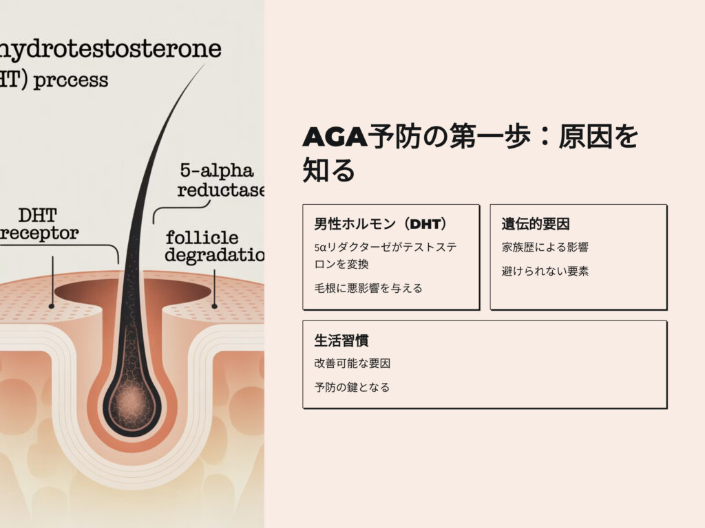 AGA予防の第一歩
原因を知る
男性ホルモンDHT
5αリダクターゼがテストステロンを変換
毛根に悪影響を与える
いd年的要因
家族歴による影響
避けられない要素
生活習慣
改善可能な要因　AGA予防のカギとなる