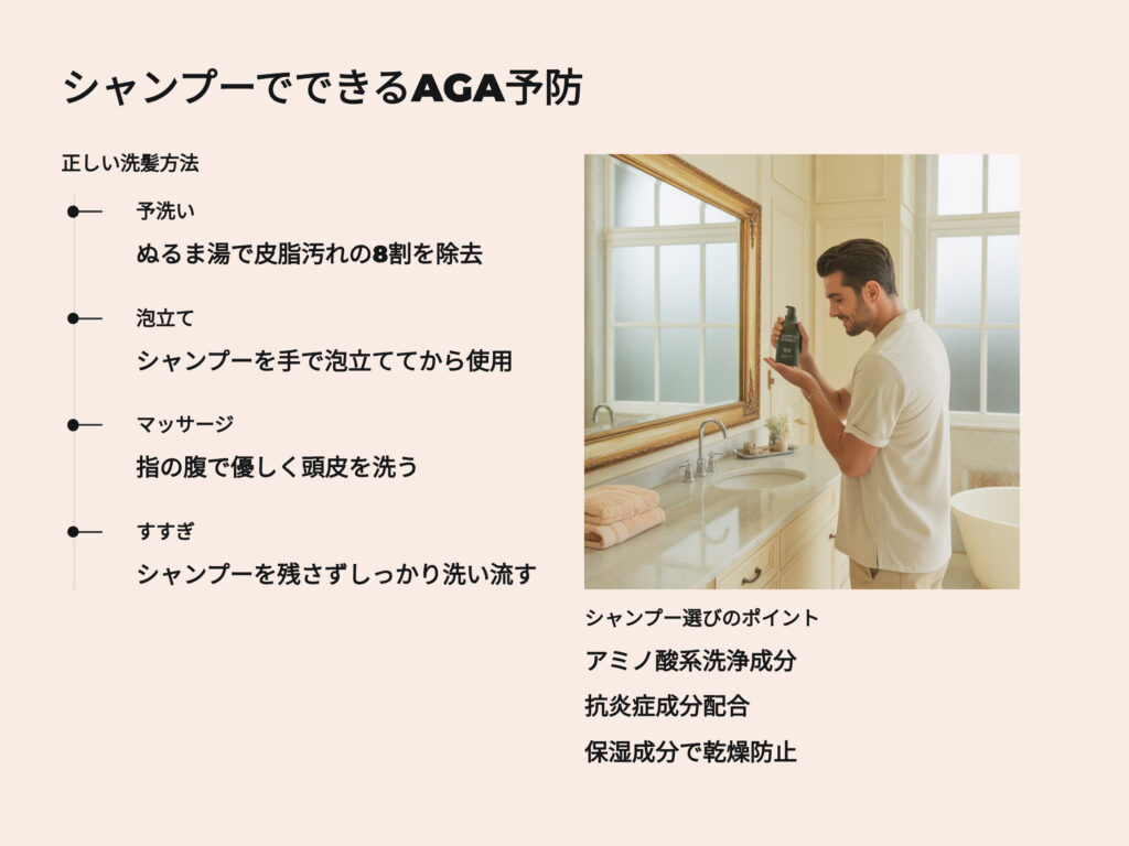 シャンプーでできるAGA予防
正しい洗髪方法
予洗い
ぬるま湯で皮脂汚れの8割を除去
泡立て
シャンプーを手で泡立ててから使用
マッサージ
指の腹で優しく頭皮を洗う
すすぎ
シャンプーを残さずしっかり洗い流す