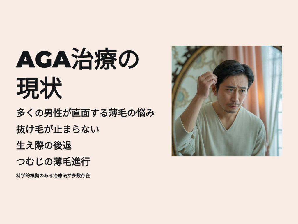 AGA治療の現状
多くの男性が直面する薄毛の悩み　抜け毛が止まらない
生え際の後退
つむじの薄毛進行
これらAGAの症状には科学的根拠のある治療法が多数存在します