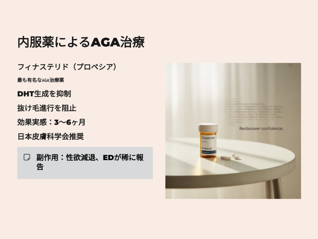 内服薬によるAGA治療
フィナステリド（プロペシア）
もっとも有名なAGA治療薬
DHT生成を抑制
抜け毛進行を阻止
効果実感には3～6か月
日本皮膚科学会推奨
フィナステリド（プロペシア）の副作用
性欲減退、EDが稀に報告
