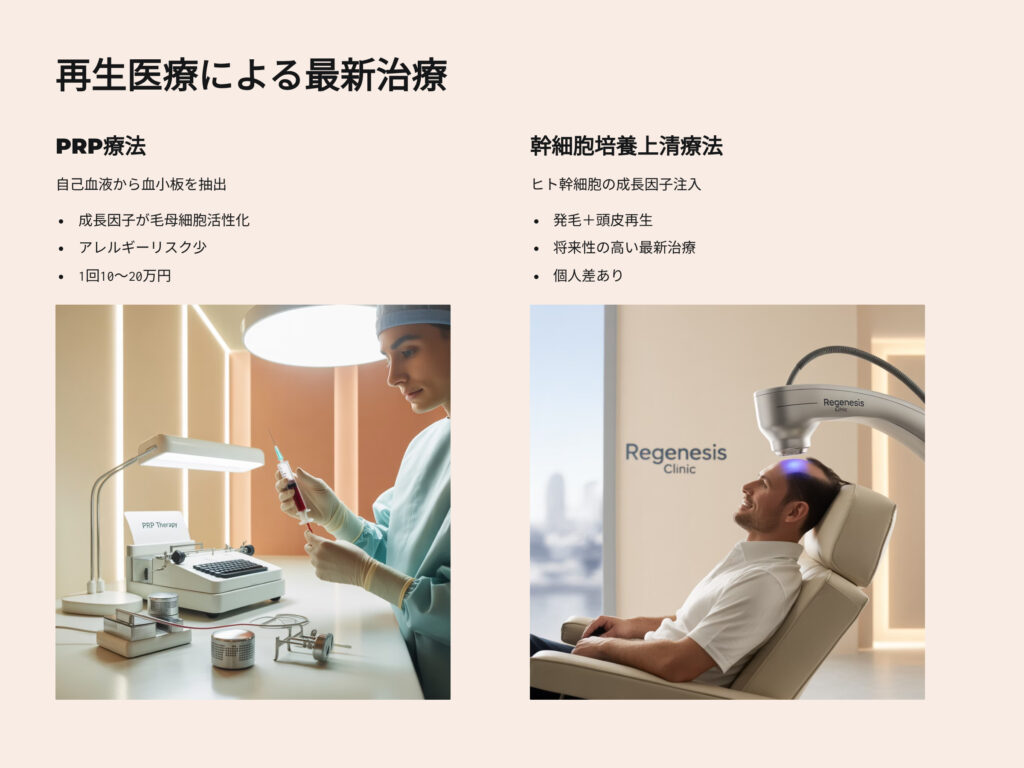再生医療によるAGA治療
最新治療
PRP療法
自己血液から血小板を抽出
成長因子が毛母細胞活性化
自己血由来なのでアレルギーリスクが小さい
PRP療法によるAGA治療の費用は1回10～20万円程度
細胞培養上清療法
ヒト幹細胞由来の成長因子注入
発毛＋頭皮再生
将来性の高い最新治療
個人差がある