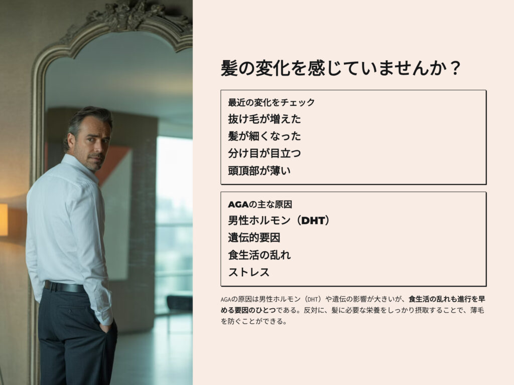 髪の変化を感じていませんか？

最近の変化をチェック

抜け毛が増えた

髪が細くなった

分け目が目立つ

頭頂部が薄い

AGAの主な原因

男性ホルモン（DHT）

遺伝的要因

食生活の乱れ

ストレス

AGAの原因は男性ホルモン（DHT）や遺伝の影響が大きいが、食生活の乱れも進行を早める要因のひとつである。反対に、髪に必要な栄養をしっかり摂取することで、薄毛を防ぐことができる。