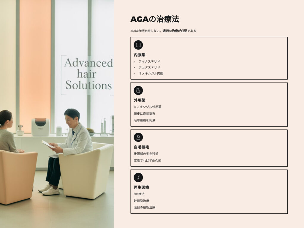 AGAの治療法
AGAは自然治癒しない、適切な治療が必要である
内服薬
フィナステリド
デュタステリド
ミノキシジル内服
外用薬
ミノキシジル外用薬
頭皮に直接塗布
毛母細胞を刺激
自毛植毛
後頭部の毛を移植
定着すれば半永久的
再生医療
PRP療法
幹細胞治療
