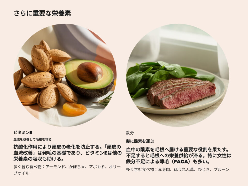 髪は「食べ物」で作られる

栄養と発毛の密接な関係

髪の毛の約90％は「ケラチン」というタンパク質でできている。つまり、食事内容が髪の健康に直結する。

髪が細くなったり抜け毛が増える背景には、栄養不足や偏食、過度なダイエットなどが隠れていることも少なくない。

髪に必要な栄養素をバランスよく摂ることが、AGA予防の第一歩である。

AGA予防に効果的な主要栄養素

タンパク質

髪の材料そのもの

毛髪の主成分「ケラチン」を生成する

不足すると髪が細く、ハリやコシがなくなる

多く含む食べ物：肉・魚・卵・豆腐・納豆・乳製品

亜鉛

髪の生成を助けるミネラル

ケラチンを合成する酵素を活性化

不足すると抜け毛が増え、発毛サイクルが乱れる

多く含む食べ物：牡蠣、レバー、ナッツ類、牛肉、卵黄

ビタミンB群

頭皮環境と代謝をサポート

エネルギー代謝を助け、毛母細胞の働きを促す

不足すると頭皮の血行不良・フケ・かゆみ

多く含む食べ物：豚肉、卵、レバー、バナナ、納豆

髪を作る「原料」が不足していると、いくら育毛剤を使っても効果が出にくくなる。亜鉛は特に不足しがちな栄養素のため、サプリで補うのも有効である。

さらに重要な栄養素

ビタミンE

血流を改善して毛根を守る

抗酸化作用により頭皮の老化を防止する。「頭皮の血流改善」は発毛の基礎であり、ビタミンEは他の栄養素の吸収も助ける。

多く含む食べ物：アーモンド、かぼちゃ、アボカド、オリーブオイル

鉄分

髪に酸素を運ぶ

血中の酸素を毛根へ届ける重要な役割を果たす。不足すると毛根への栄養供給が滞る。特に女性は鉄分不足による薄毛（FAGA）も多い。

多く含む食べ物：赤身肉、ほうれん草、ひじき、プルーン