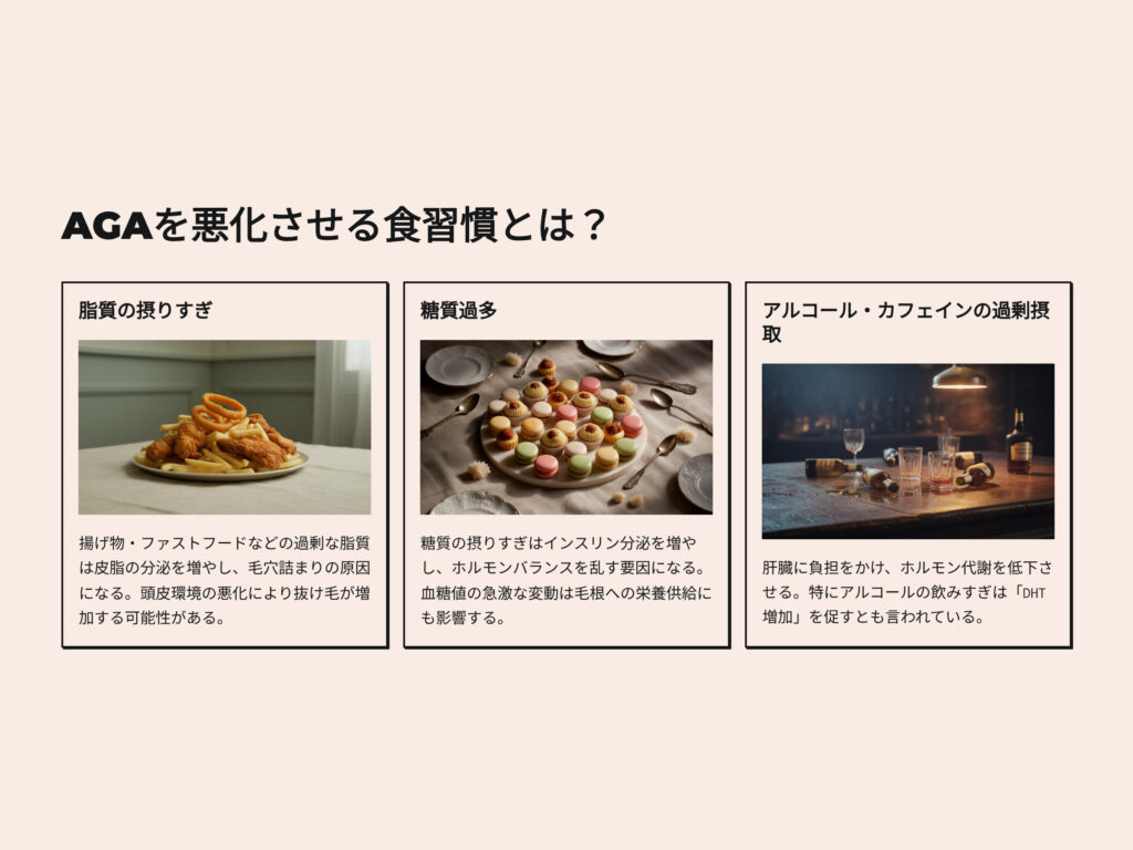 AGAを悪化させる食習慣とは？　脂質のとりすぎ　糖質過多　アルコールカフェインの過剰