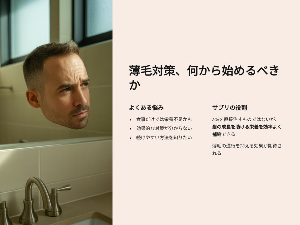 薄毛対策　何から始めるべきか
よくある悩み
食事だけでは栄養不足
効果的な対策がわからない
続けやすい方法を知りたい
サプリの役割
AGAを直接治すものではないが髪の成長を助ける栄養を効率よく補給できる