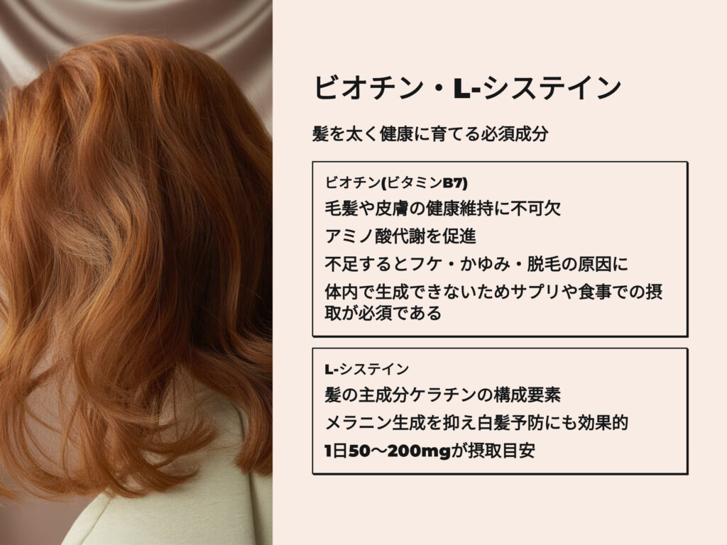 ビオチン　L－システイン
髪を太く健康に育てる必須成分
ビオチン
ビタミンB7
毛髪や皮膚の健康維持に不可欠
アミノ酸代謝を促進
不足するとフケ、かゆみ、脱毛の原因に
体内で生成できないためサプリや食事で摂取する必要がある
L－システイン
髪の主成分ケラチンの構成要素
メラニン生成を抑え白髪予防にも効果的
1日50～200㎎が摂取目安