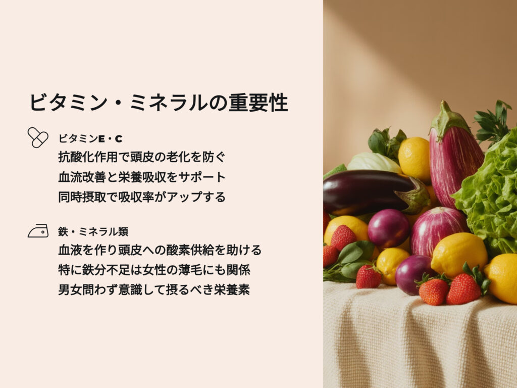 ビタミン、ミネラルの重要性
ビタミンE,C
抗酸化作用で頭皮の老化を防ぐ
血流改善と栄養吸収をサポート
同時摂取で吸収率がアップ
鉄、ミネラル類
血液を作り頭皮への酸素供給を助ける
特に鉄分不足は女性の薄毛にも関係
男女問わずして取るべき栄養素