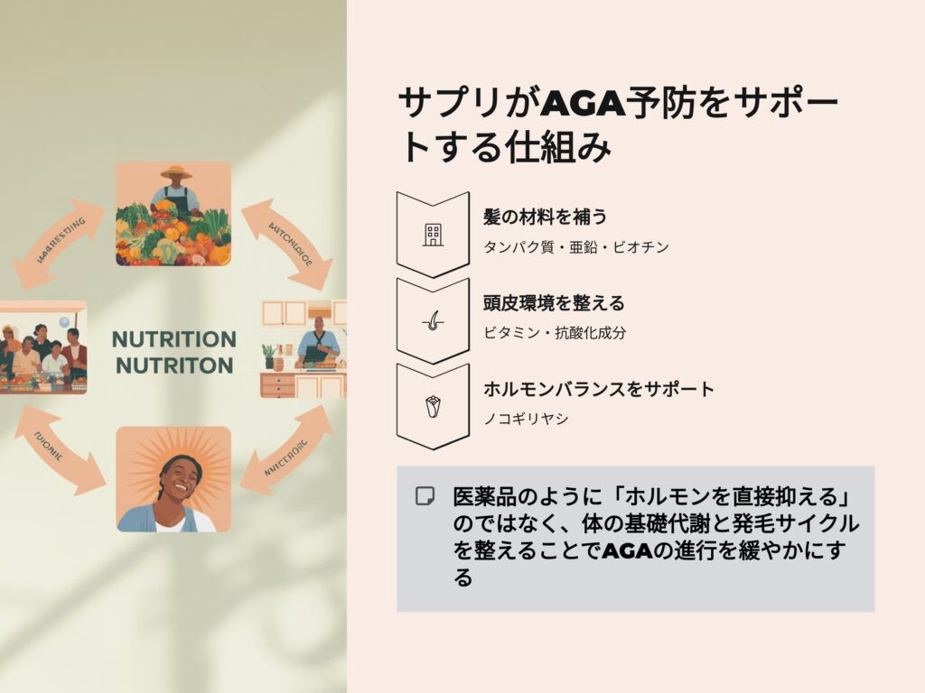 サプリがAGA予防をサポートする仕組み
髪の材料を補う
タンパク質、亜鉛、ビオチン
頭皮環境を整える
ビタミン、抗酸化成分
ホルモンバランスをサポート
ノコギリヤシ
医薬品のようにホルモンを直接抑えるのでなく体の基礎代謝と発毛サイクルを整えることでＡＧＡの進行を緩やかにする