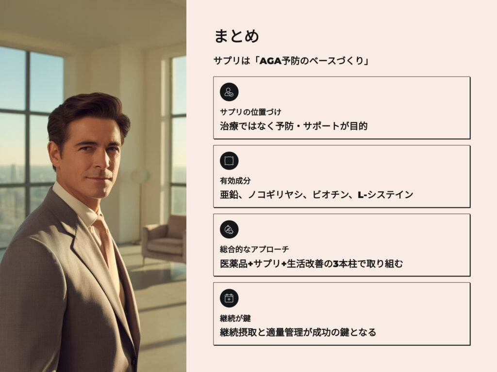 AGAまとめ
サプリはAGA予防のベースづくり
サプリの位置づけ
治療ではなく予防、サポートが目的
有効成分
亜鉛、ノコギリヤシ、ビオチン、L－システイン
AGAに対する総合的なアプローチ
医薬品、サプリ、生活改善の3本柱で取り組む
継続が鍵
継続摂取と適量管理が成功のカギとなる