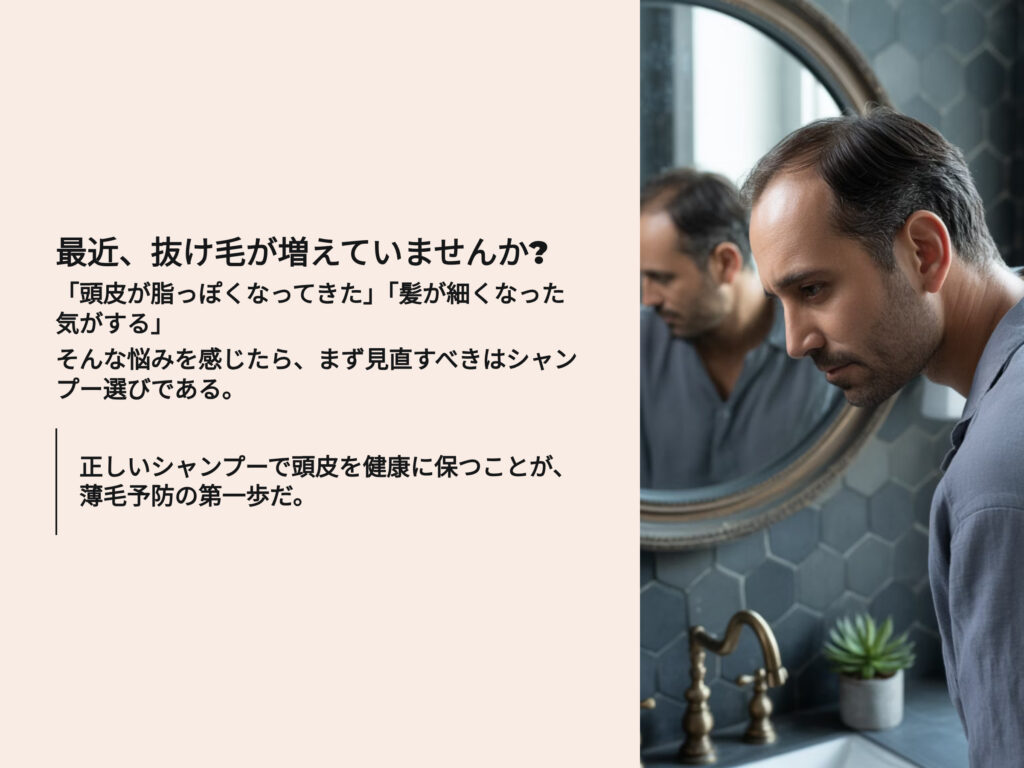 最近、抜け毛が増えていませんか?頭皮が脂っぽくなってきた
髪が細くなった気がする
そんな悩みを感じたら、まず見直すべきはシャンプー選びである
正しいシャンプーで頭皮を健康に保つことが、薄毛予防の第一歩だ。