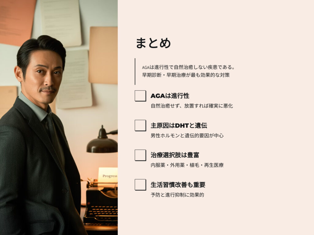 まとめ
AGAは進行性で自然治癒しない疾患である
早期診断、早期治療が最も効果的な対策
AGAは進行性
主原因はDHTと遺伝
男性ホルモンと遺伝的要因が中心
治療の選択肢は豊富
内服薬、外用薬、植毛
生活習慣改善も重要