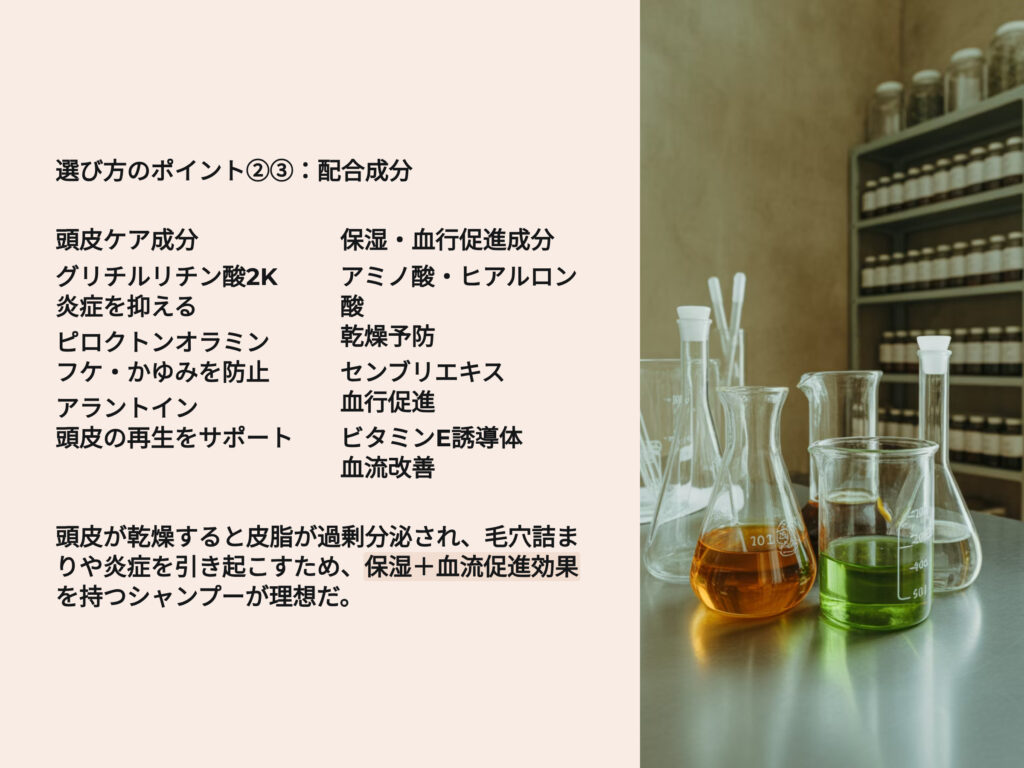 AGA予防シャンプー選び方のポイント
配合成分
頭皮ケア成分
保湿、結構促進成分