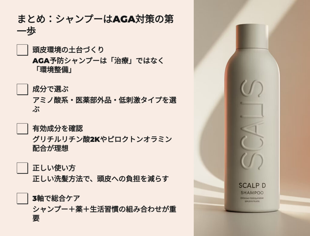 AGA予防シャンプーまとめ
シャンプーはAGA対策の第一歩
頭皮環境の土台づくり
AGA予防シャンプーは「治療」ではなく「環境整備」
成分で選ぶ
アミノ酸系、医薬部外品、低刺激タイプを選ぶ
有効成分を確認
グリチルリチン酸2K
や
ピロクトンオラミン配合
正しい使い方
正しい洗髪方法で、頭皮への負担を減らす
3軸で総合ケア
シャンプー、薬、生活習慣の組み合わせが重要