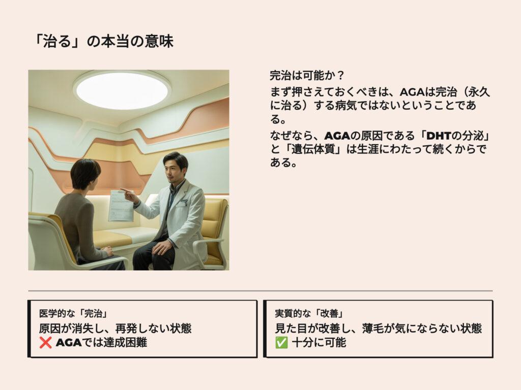 まず押さえておくべきは、
AGAは完治(=永久に治る)する病気ではないということです。
なぜなら、AGAの原因である「DHTの分泌」と「遺伝体質」は生涯にわたって続くからです。
しかし、「治る」という言葉の定義を見た目が改善し、薄毛が気にならない状態と定義すればAGAは治るといえます。