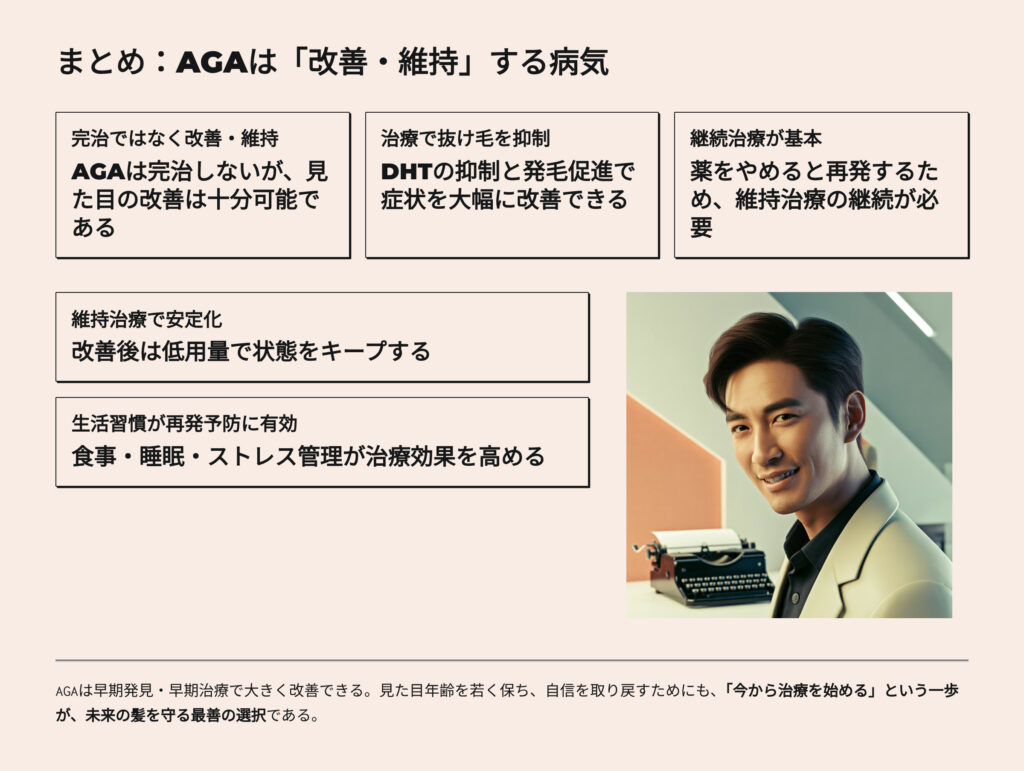 まとめ
AGAは治すより改善、維持する病気