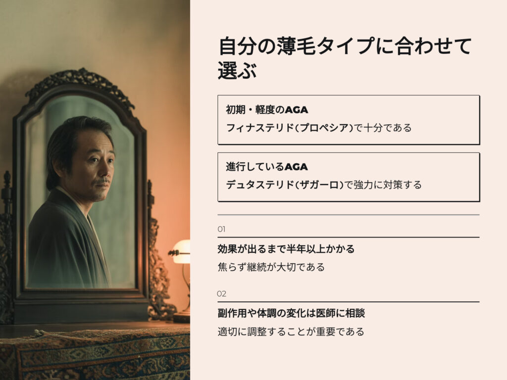 自分の薄毛タイプに合せて選ぶ
初期、軽度のAGA
フィナステリド(プロペシア)で十分である
進行しているAGA
デュタステリド(ザガーロ)で強力に対策する
効果がでるまで半年以上かかる
焦らず継続が大切である