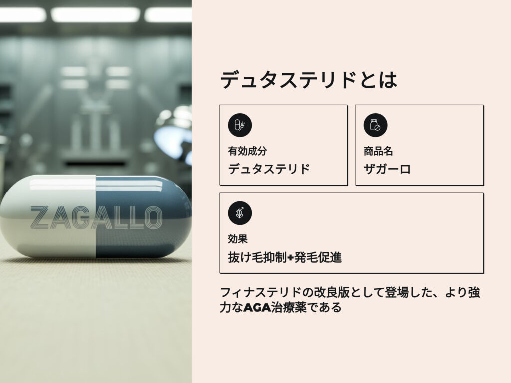 デュタステリド
デュタステリドとは
有効成分 デュタステリド
商品名 ザガーロ
効果 抜け毛予防+発毛促進
フィナステリドの改良版として登場した、より強力なAGA治療薬である