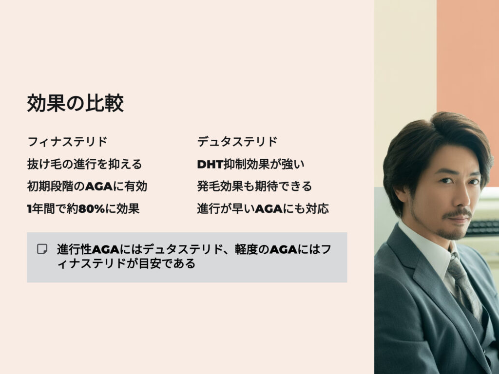 効果の比較
フィナステリド
抜け毛の進行を抑える
初期段階のAGAに有効
1年間で約80%に効果
デュタステリド
DHT抑制効果が強い
発毛効果も期待できる
進行が早いAGAにも対応
進行性AGAにはデュタステリド、軽度のAGAにはフィナステリドが目安である