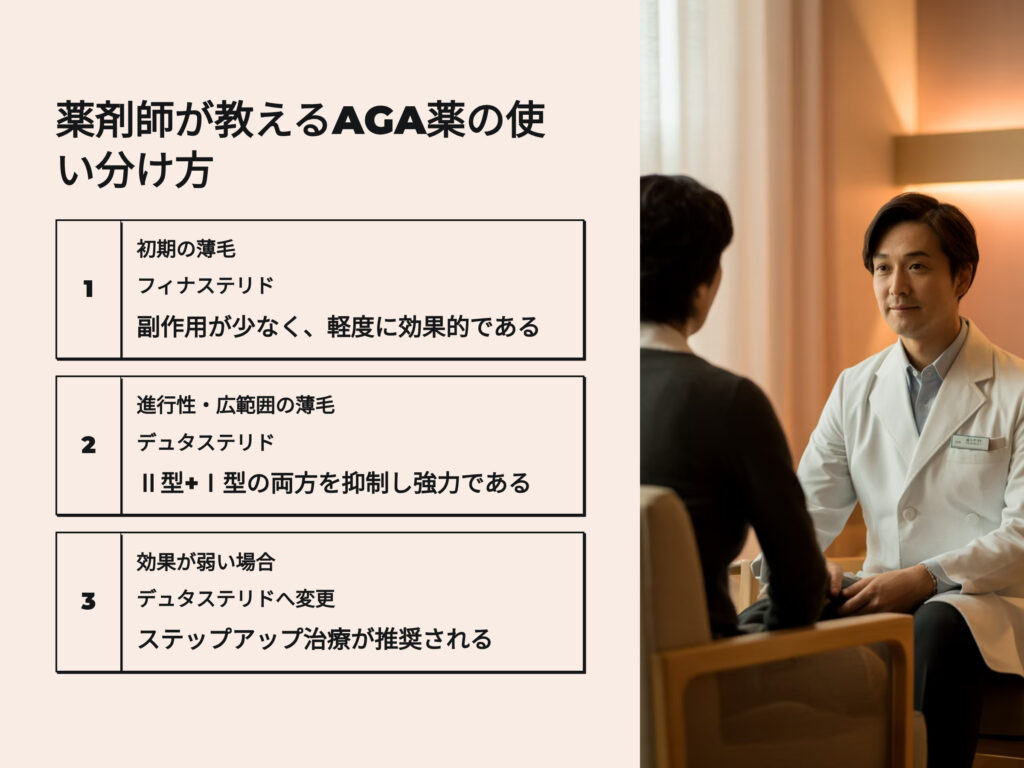 薬剤師が教えるAGA薬の使い分け方
初期の薄毛
フィナステリド
副作用が少なく、軽度に効果的である
進行性、広範囲の薄毛
デュタステリド
Ⅱ型、Ⅰ型の両方を抑制し協力である
効果が弱い場合
デュタステリドへ変更
ステップアップ治療が推奨される