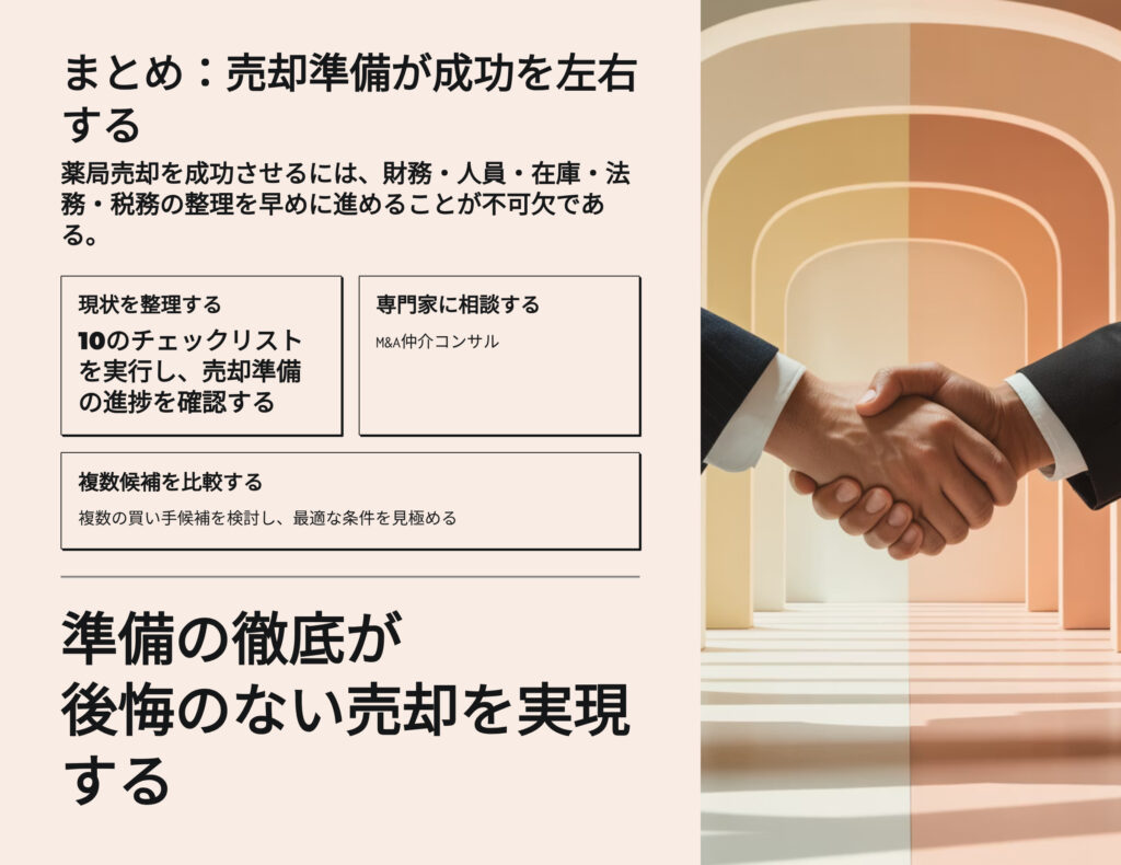 まとめ
売却準備が薬局売却M&Aの成功を左右する