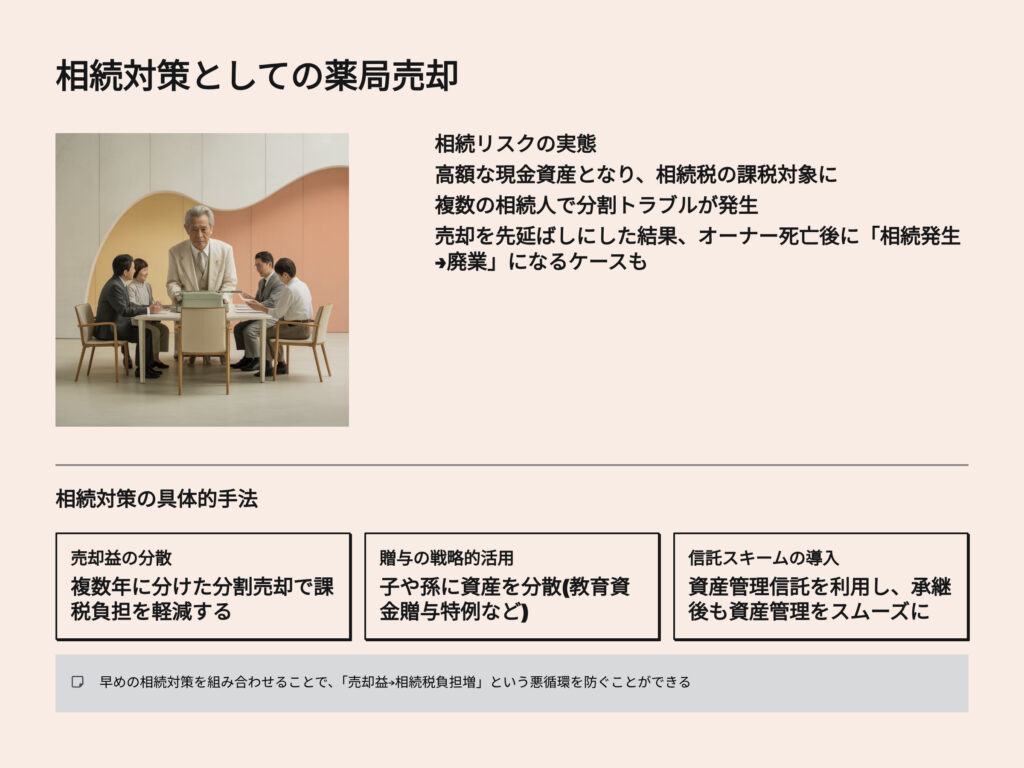 相続対策としての薬局売却
相続リスクの実態
