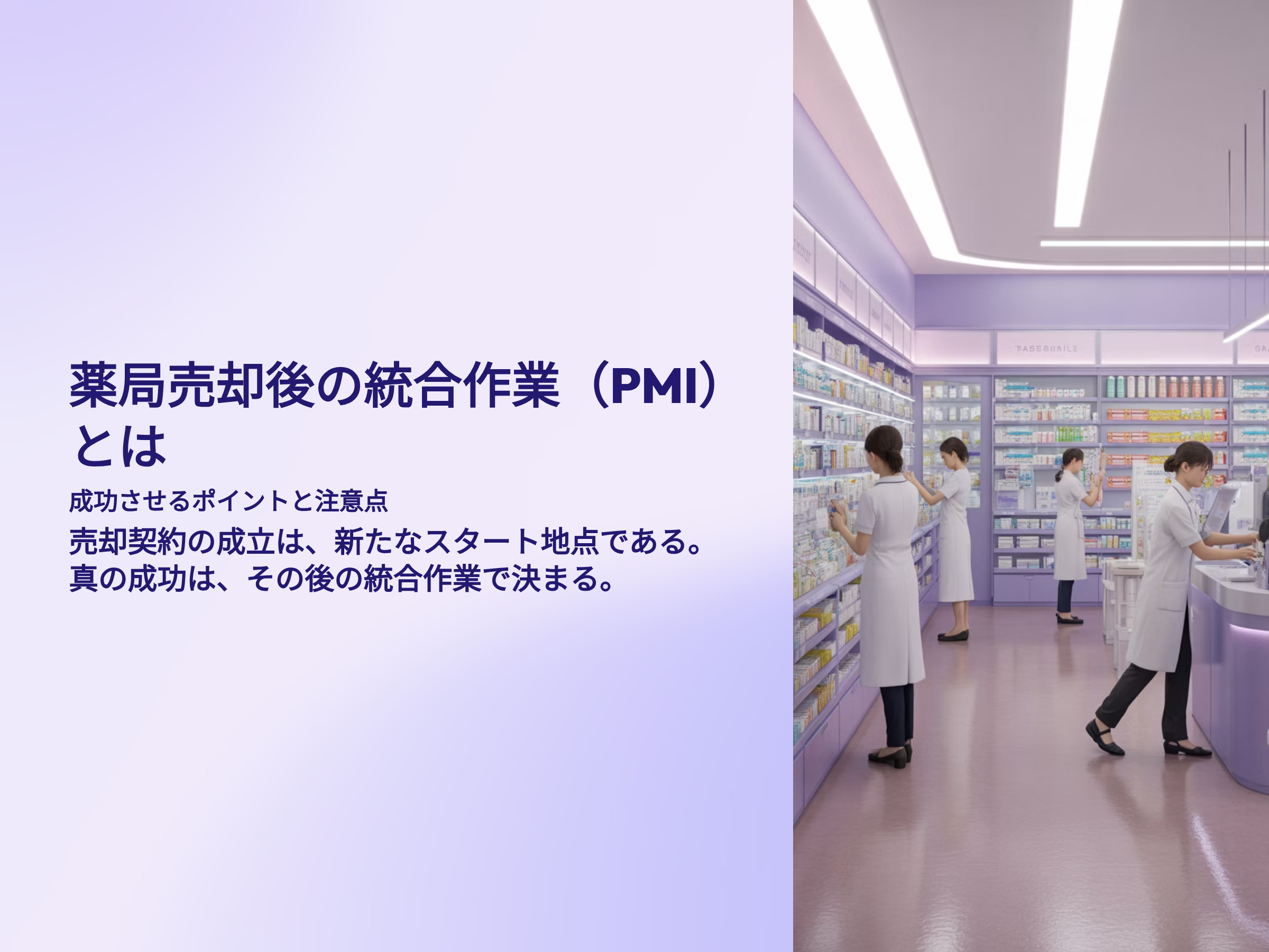 薬局売却後の統合作業（PMI）とは 成功させるポイントと注意点 売却契約の成立は、新たなスタート地点である。真の成功は、その後の統合作業で決まる。