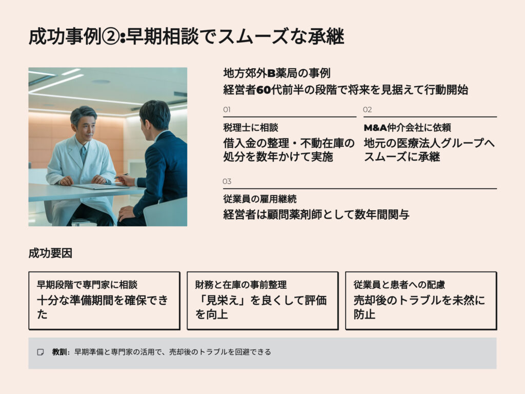 薬局売却M&A成功事例
早期相談でスムーズな承継
地方郊外薬局の事例
経営者が将来を見据えて早い段階で行動開始
スムーズに承継できた事例