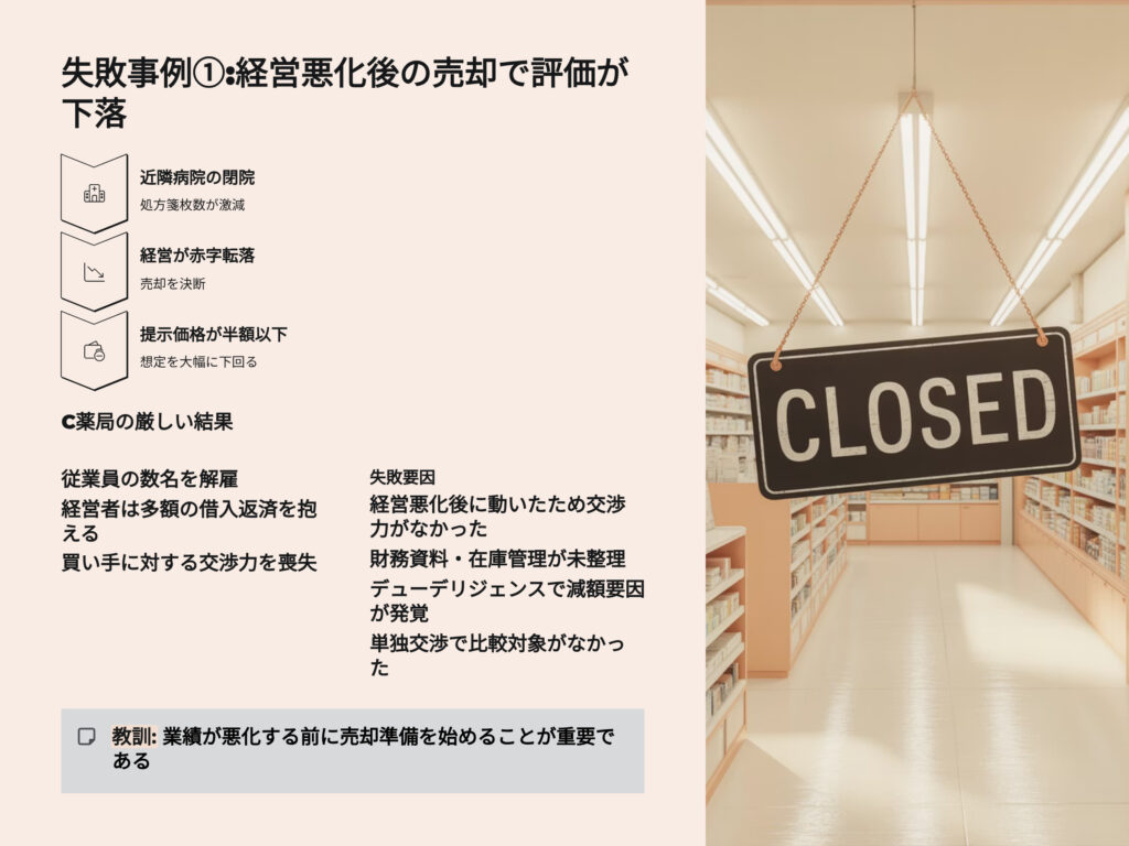 薬局売却M&A失敗事例
経営悪化後の売却で評価が下落
近隣病院の閉院
経営が赤字転落
提示価格が半額以下に