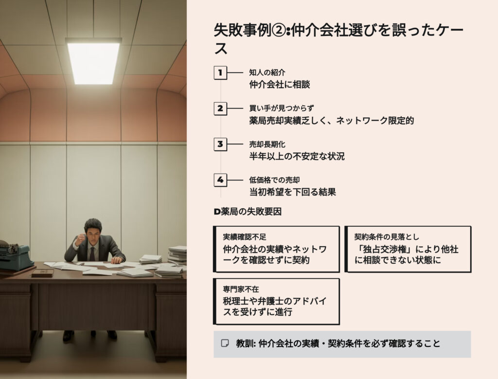 薬局売却 失敗事例
仲介会社選びを誤ったケース