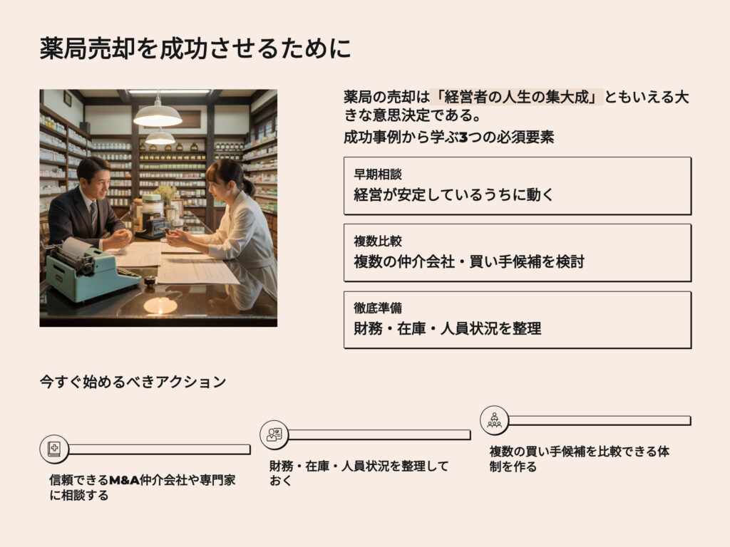 薬局 売却を成功させるために
成功事例から学ぶ3つの必須要素
早期相談
経営が安定しているうちに動く
複数比較
複数の仲介会社、買い手候補を検討
徹底準備
財務、在庫、人員状況を整理