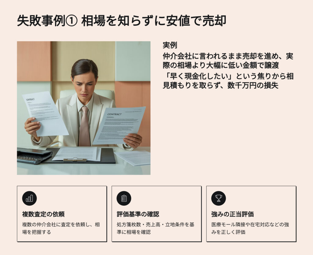 薬局売却時の失敗事例
相場を知らずに安値で売却