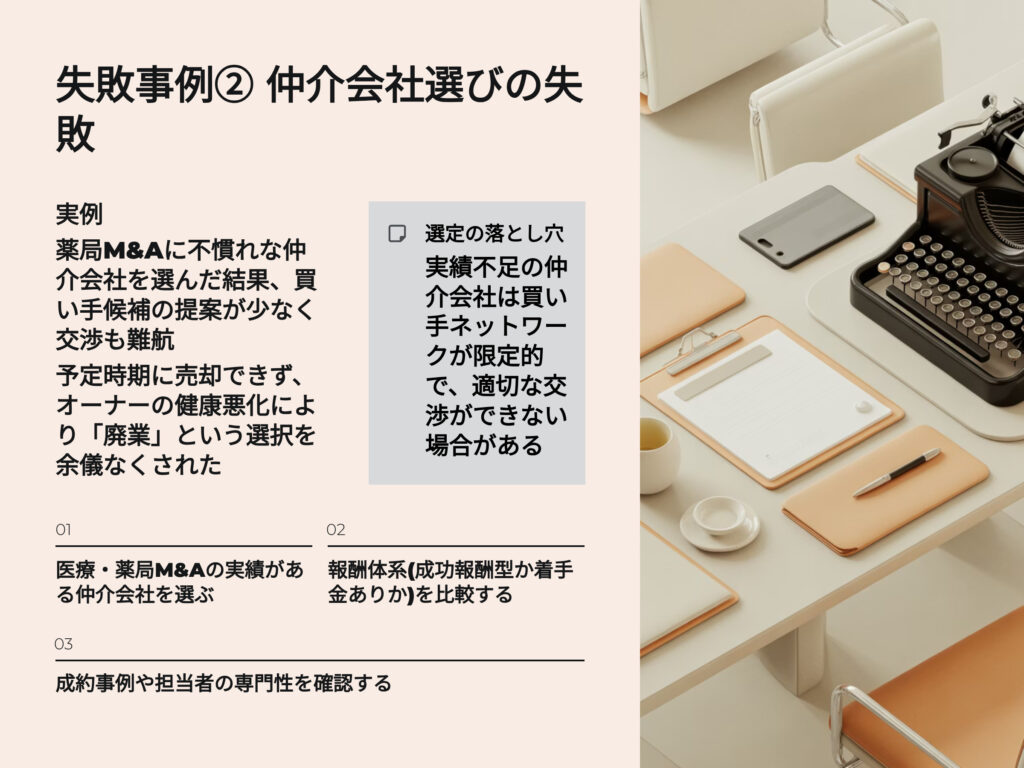 薬局売却時の失敗事例
仲介会社選びの失敗