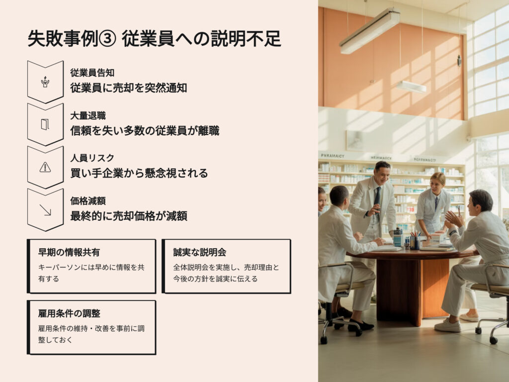 薬局売却時の失敗事例
従業員への説明不足