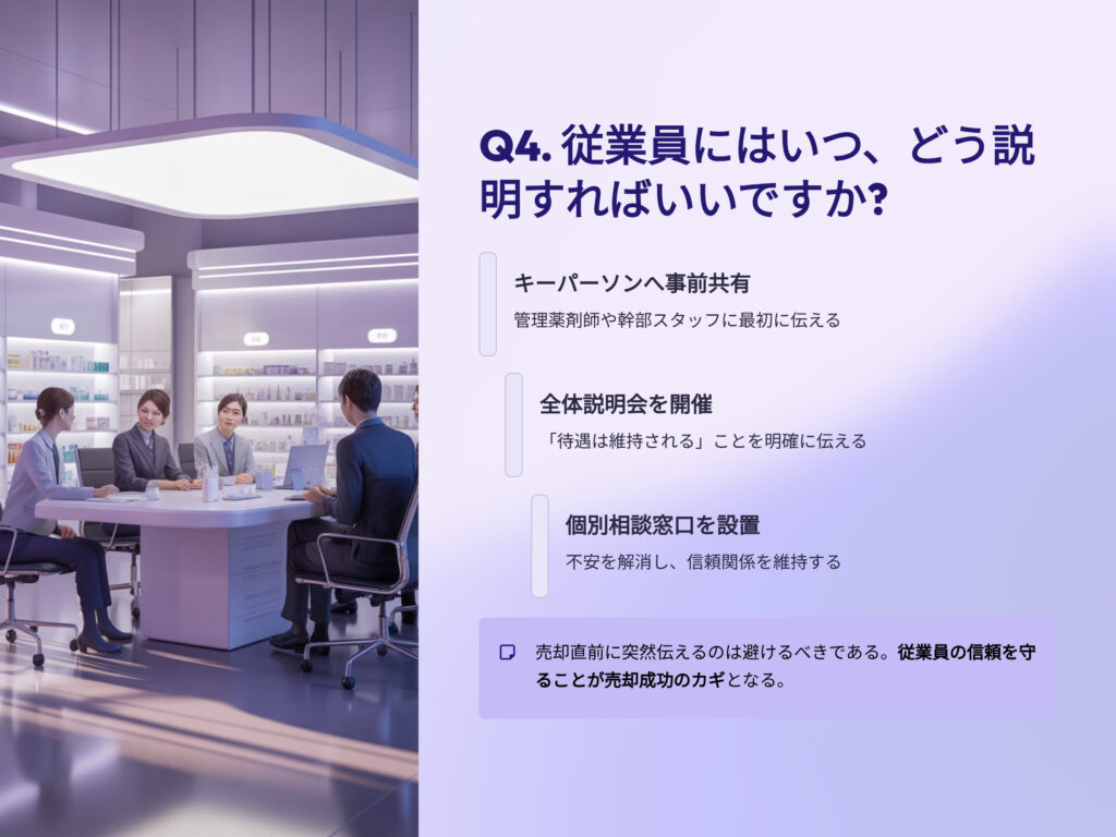 薬局売却時、従業員にはいつ、どう説明すればいいですか？