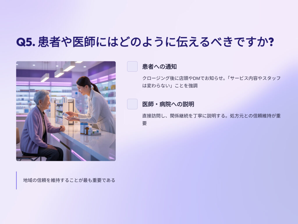 薬局売却時、患者や医師にはどう伝えるべきですか？