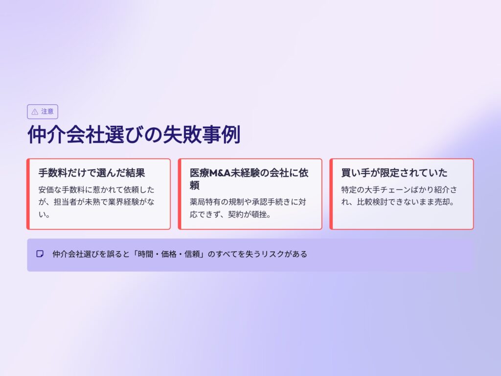 薬局売却　仲介会社　失敗事例