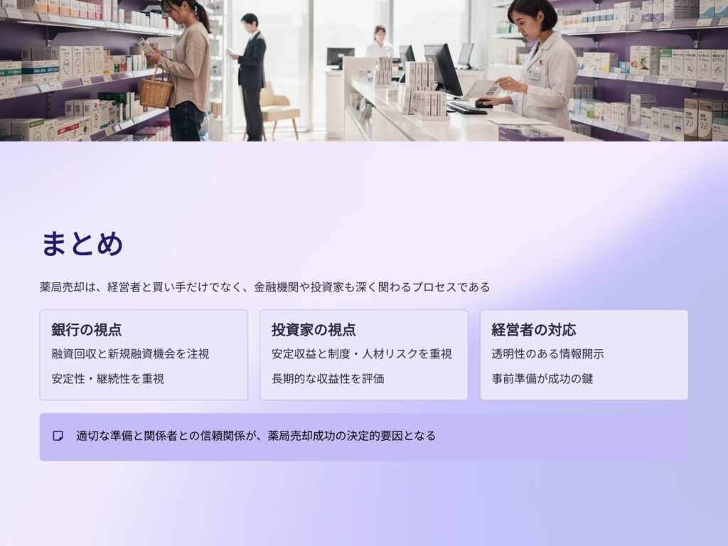薬局売却時の金融機関、投資家対応まとめ